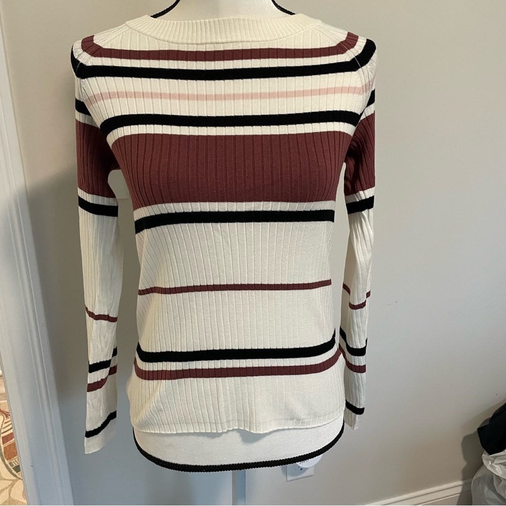 Express Striped Ribbed Long Sleeve Sweater - Cream, Mauve & Black